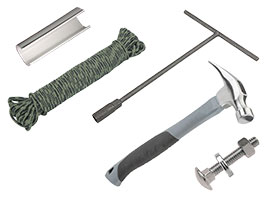 Assembly Hardware, Hammer, 2 Wrenches, 75' of rope and clips